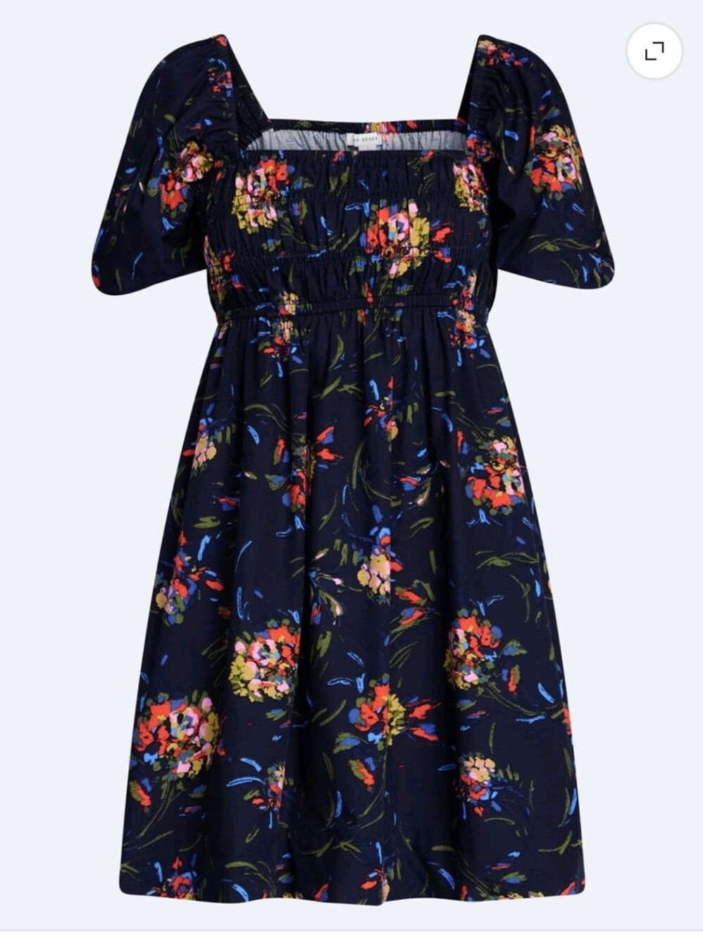 Smocked Puff Sleeve Floral Mini Dress - Navy